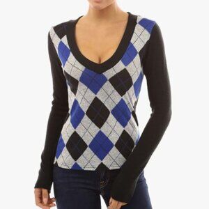 PattyBoutik Blue & Black Argyle V-Neck Knit Sweater/Top